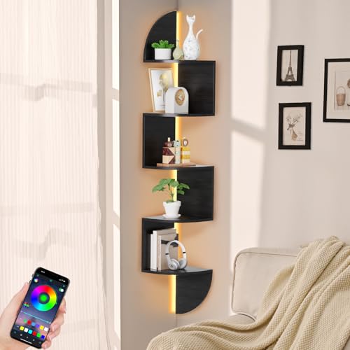 5-Tier Corner Wall Shelf with App-Controlled LED Lighting, Black