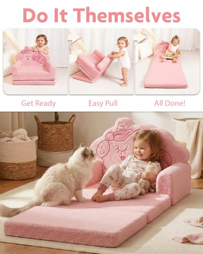 2-in-1 Fold Out Kids Couch, Pink Unicorn Toddler Lounger Chair