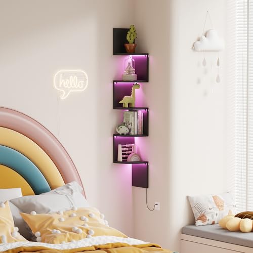 5-Tier Corner Wall Shelf with RGB LED Lighting, 49-Inch Floating Display