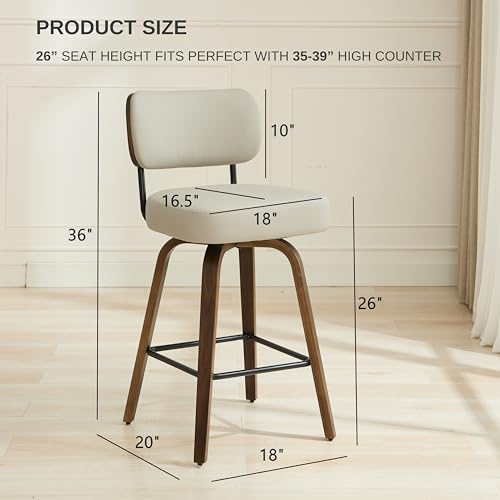 Set of 3 Swivel Counter Height Bar Stools, 26-Inch Mid-Century Modern Chairs