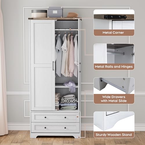 2-Door Wooden Armoire Wardrobe with 2 Drawers and Hanging Rail - White