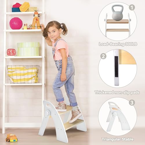 Foldable 2-Step Stool for Kids, Non-Slip Wooden Toddler Step Stool