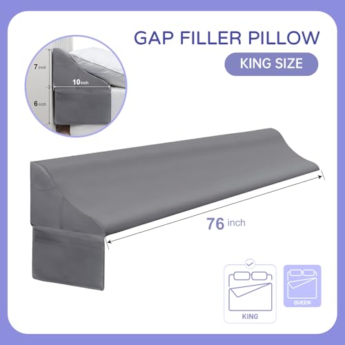 King Size Bed Wedge Pillow - Gap Filler with Phone Pockets (76"x10"x7", Grey)