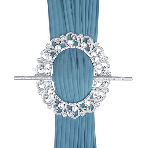 2-Pack Decorative Silver Metal Curtain Tiebacks with Crystal Floral Design