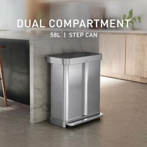 Dual Compartment Step Recycler 58L Kitchen Trash Can Stainless Steel