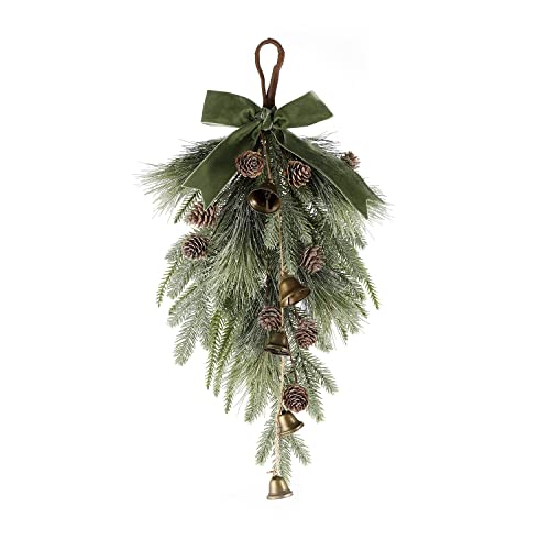 18-Inch Winter Front Door Swag with Bells, Pinecones, and Velvet Ribbon