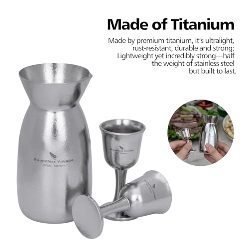 Boundless Voyage Titanium Sake Set 3 Pieces - 150ml Carafe & Cups for Japanese Wine, Outdoor & Travel Drinkware