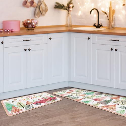 Boho Christmas Kitchen Rugs 2-Piece Set - Forest Trees 17x29 & 17x47 Inches, Colorful Boho Holiday mats