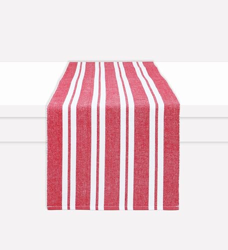 PurpleEssences Red & White Double Stripe Ribbed Cotton Table Runner 14x72