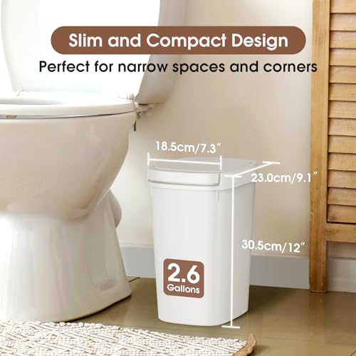 3-Pack Slim Plastic Bathroom Trash Can with Press Top Lid, 10L / 2.6 Gal