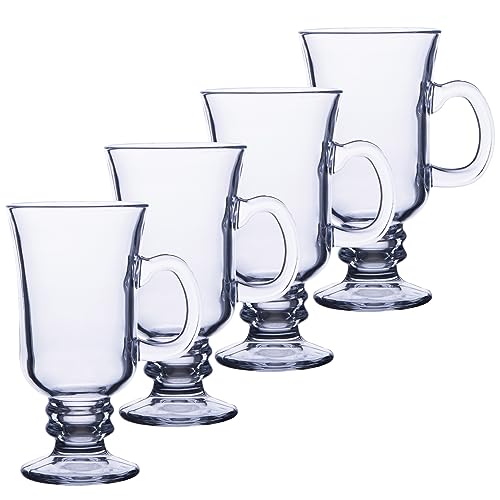 Chefcaptain 8 Oz Irish Coffee Glass Mugs with Handle - Lead-Free Footed Glass Cups, Set of 4