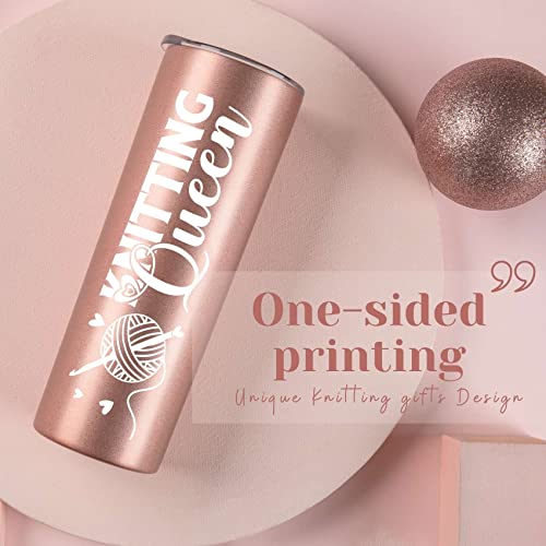 Rose Gold Onebttl Knitting Queen 20oz Stainless Steel Tumbler with Straw & Lid – Crochet Gift for Women