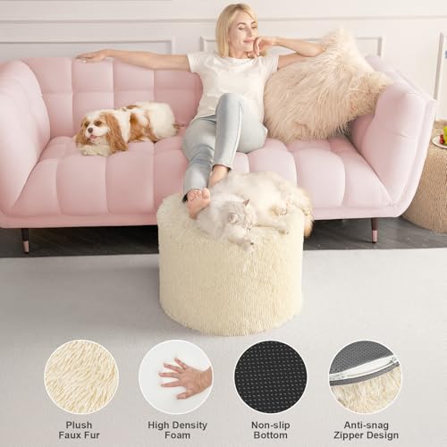 Round Faux Fur Pouf Ottoman, 17 x 14 Inch Firm Foot Rest, Beige