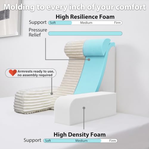 Extra-Large Back Pillow for Bed with Armrests & Pockets - Ivory