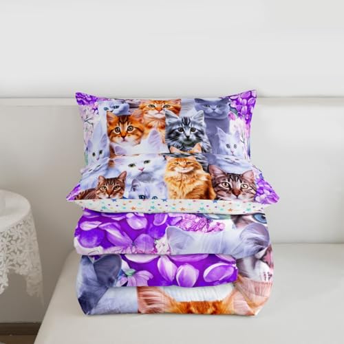 Cute Cartoon Cat Twin Comforter Set with Pillowcase - Floral Design