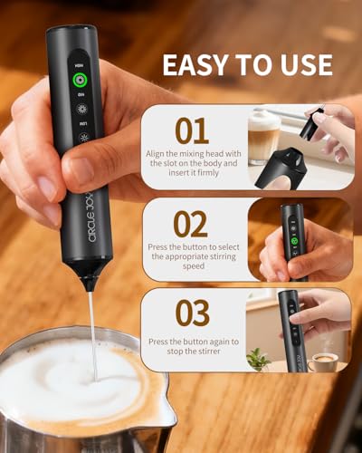 Rechargeable Handheld Milk Frother Wand with Stand, 3 Whisks & Case