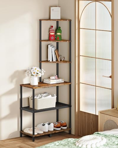6-Tier Industrial Corner Bookshelf, Rustic Brown Storage Display Stand
