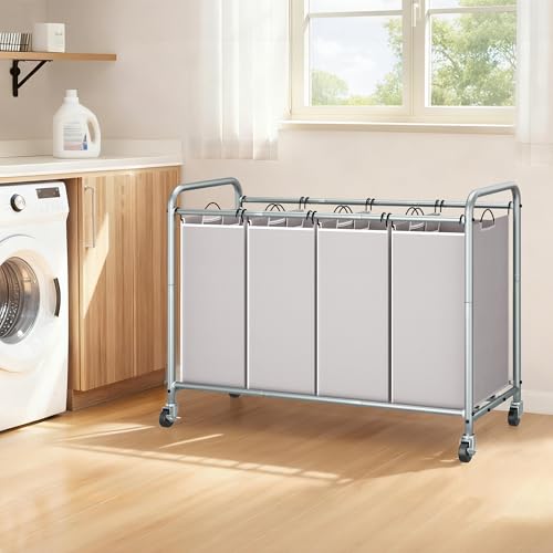 4-Section Laundry Sorter with Wheels, 180L Heavy-Duty Rolling Hamper Cart