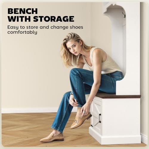 HOMCOM White Wood Grain Hall Tree with Shoe Storage, Coat Rack & Bench, 23.1 x 15.7 x 70.9 inches