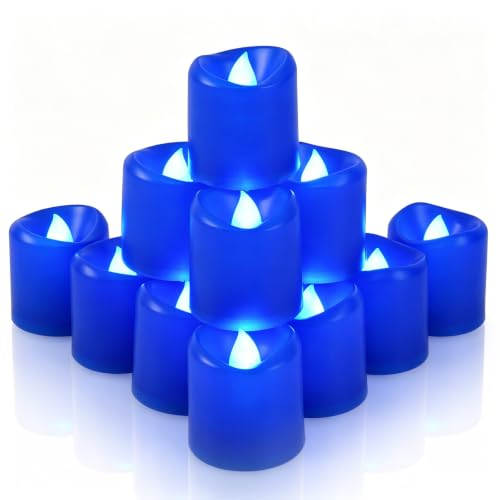 Ceremlit Blue LED Votive Candles 12 Pack Battery Operated Flameless Tealights