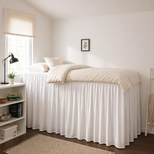 Twin XL Microfiber Dorm Bed Skirt - 36 Inch Drop with Split Corners, White