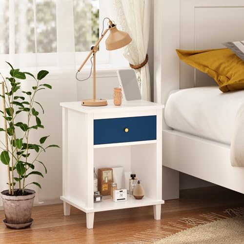 Modern Navy Nightstand with Drawer and Storage Shelf for Bedroom