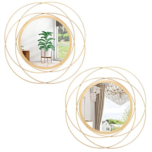 12-Inch Round Gold Wall Mirror Set - Decorative Iron Frame Wall Art (2 Pack)
