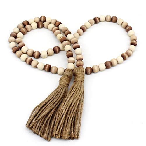 Rustic Farmhouse Wood Bead Garland with Tassels, 59-Inch Decorative String
