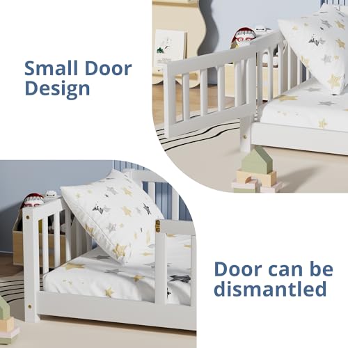 Twin Montessori Floor Bed Frame with Safety Fence and Door, Solid Wood