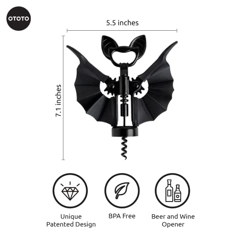 OTOTO Vino Spooky Bat Corkscrew & Bottle Opener, 2-in-1 Wine & Beer Opener, Silicone Heat-Resistant Basting Brush & Spatulas