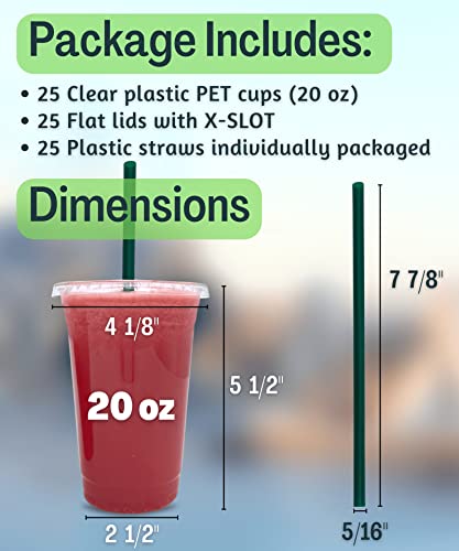 20 oz Clear Plastic Cups with Lids and Straws - 25 Pack Cold Drink Cups