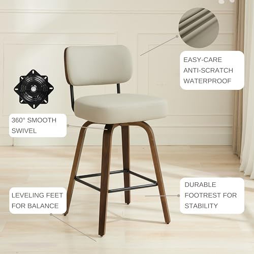 Set of 3 Swivel Counter Height Bar Stools, 26-Inch Mid-Century Modern Chairs