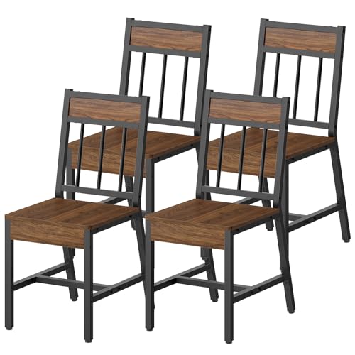 Industrial Dining Chairs Set of 4, Metal Frame Kitchen Chairs, Dark Walnut