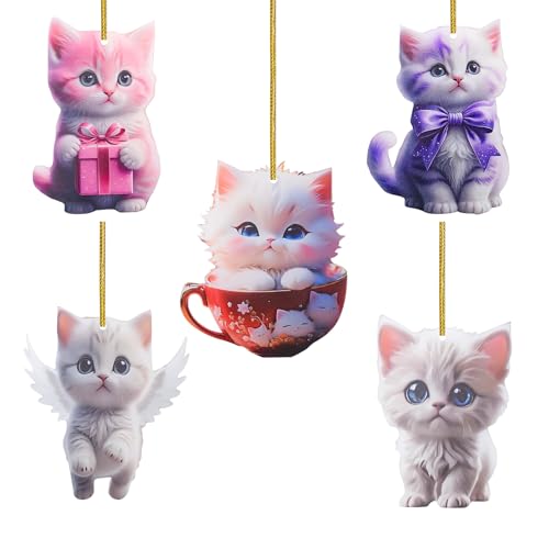 Acrylic Cat Christmas Ornaments 5Pcs Set | 3-Inch Keychains & Tree Decorations
