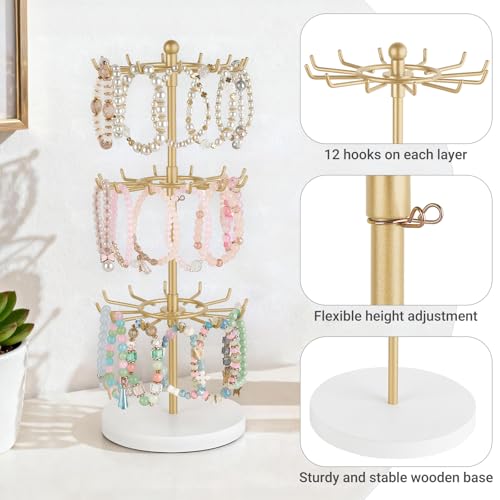 3-Tier Rotating Bracelet Display Stand, Height Adjustable Jewelry Organizer