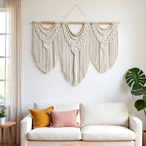 Large Macrame Wall Hanging Woven Boho Tapestry Decor with Wood Beads - 43" x 32"