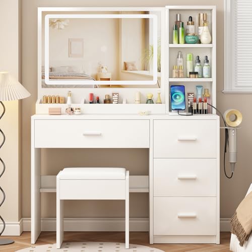 Vanity Desk with Mirror and Lights, 4-Drawer Makeup Table Set with Bench