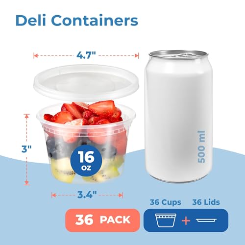 Fit Meal Prep 36 Pack 16 oz Deli Containers with Lids, US Made Leakproof Quart Containers with Lids, Clear Plastic Food Storage Container with Lid, Microwave Freezer Safe Meal Prep Container