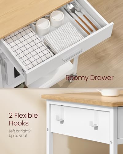 Mobile Kitchen Island Cart with Storage Drawer and Shelves, Oak and White