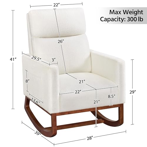 Ivory Boucle Padded Rocking Chair with Side Pockets and Wood Base