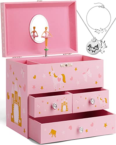 Pink Musical Jewelry Box for Girls - Unicorn & Ballerina Spinner, 3 Drawers, Gift Ready