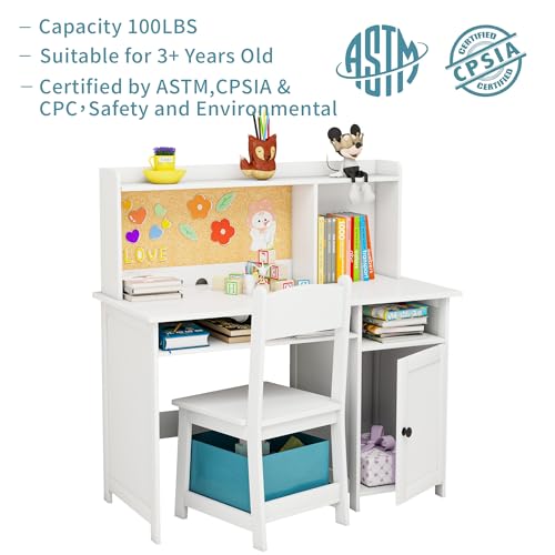 Kids Desk and Chair Set with Storage, Cork Board & Drawer - White Wooden