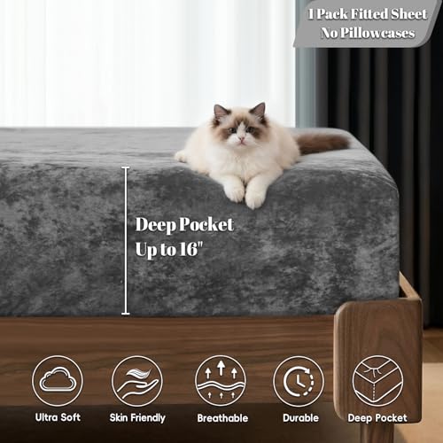 Velvet Queen Fitted Sheet, Super Soft Fuzzy Fleece Bed Sheet, Charcoal
