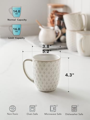 LE TAUCI 16oz Ceramic Coffee Mug Set - Embossed Arctic White, Multi-purpose Drinkware