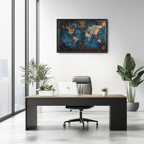 Large World Map Wall Art, Framed 24x36 Canvas Print for Living Room
