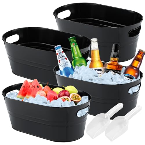 Black Galvanized Ice Bucket 4 Gallon Beverage Tub with Scoops for Parties & Drinks
