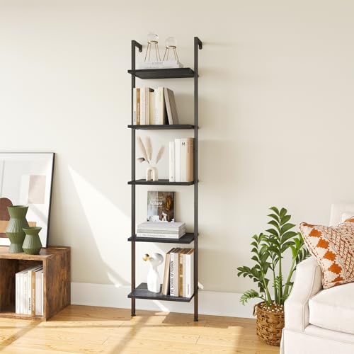 5-Tier Ladder Shelf, Wall Mounted Bookshelf with Metal Frame, Black
