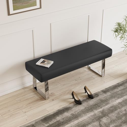 45.3-Inch Modern Faux Leather Dining Bench with Sturdy Chrome Metal Legs