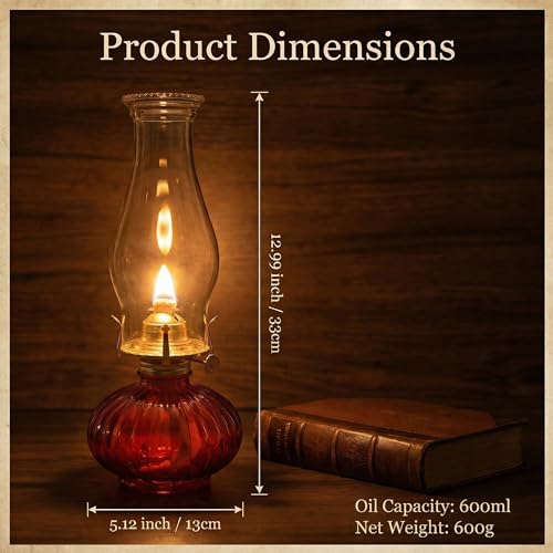 13-Inch Large Glass Kerosene Oil Lamp - Rustic Hurricane Lantern (Red)