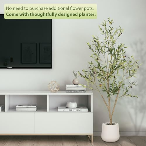 7FT Tall Artificial Olive Tree with White Planter & Wood Trunk